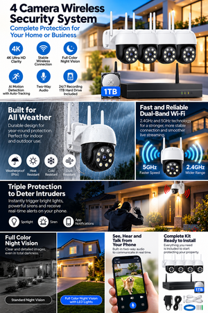 4K Wireless Security Camera System – 4 Cameras + 1TB NVR