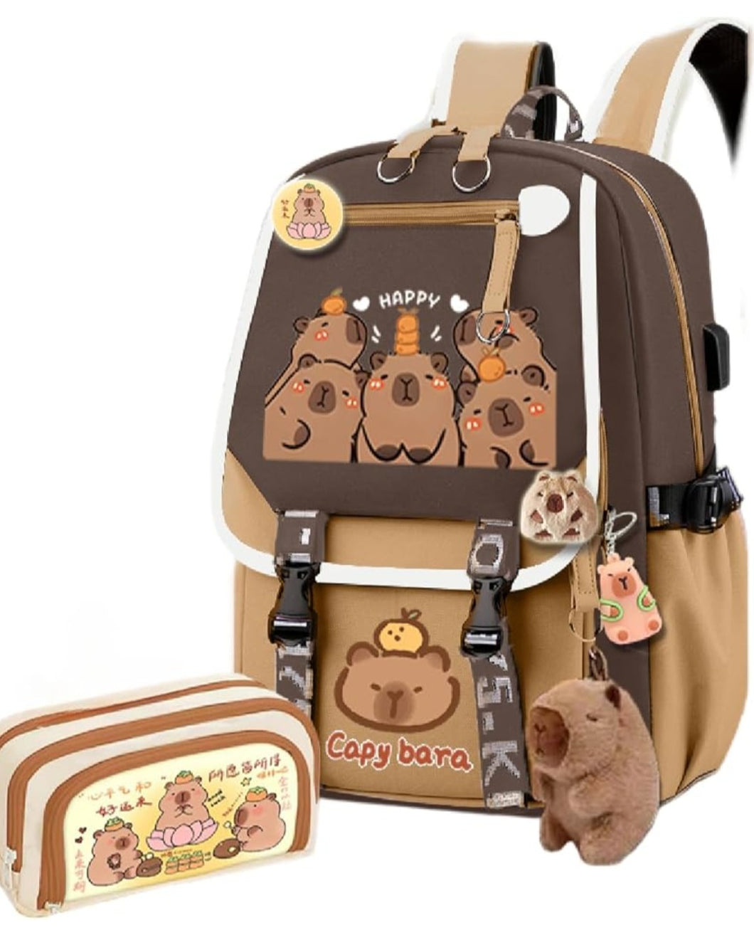 Capybara Backpack Large Capacity Waterproof Kapibara stuff 😍with pins and Accessories